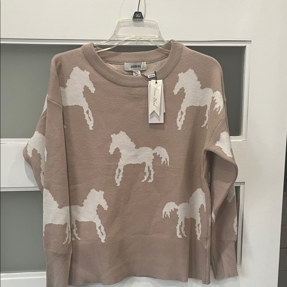 Jason Wu Taupe Crewneck Sweater with Cream Horse Motif